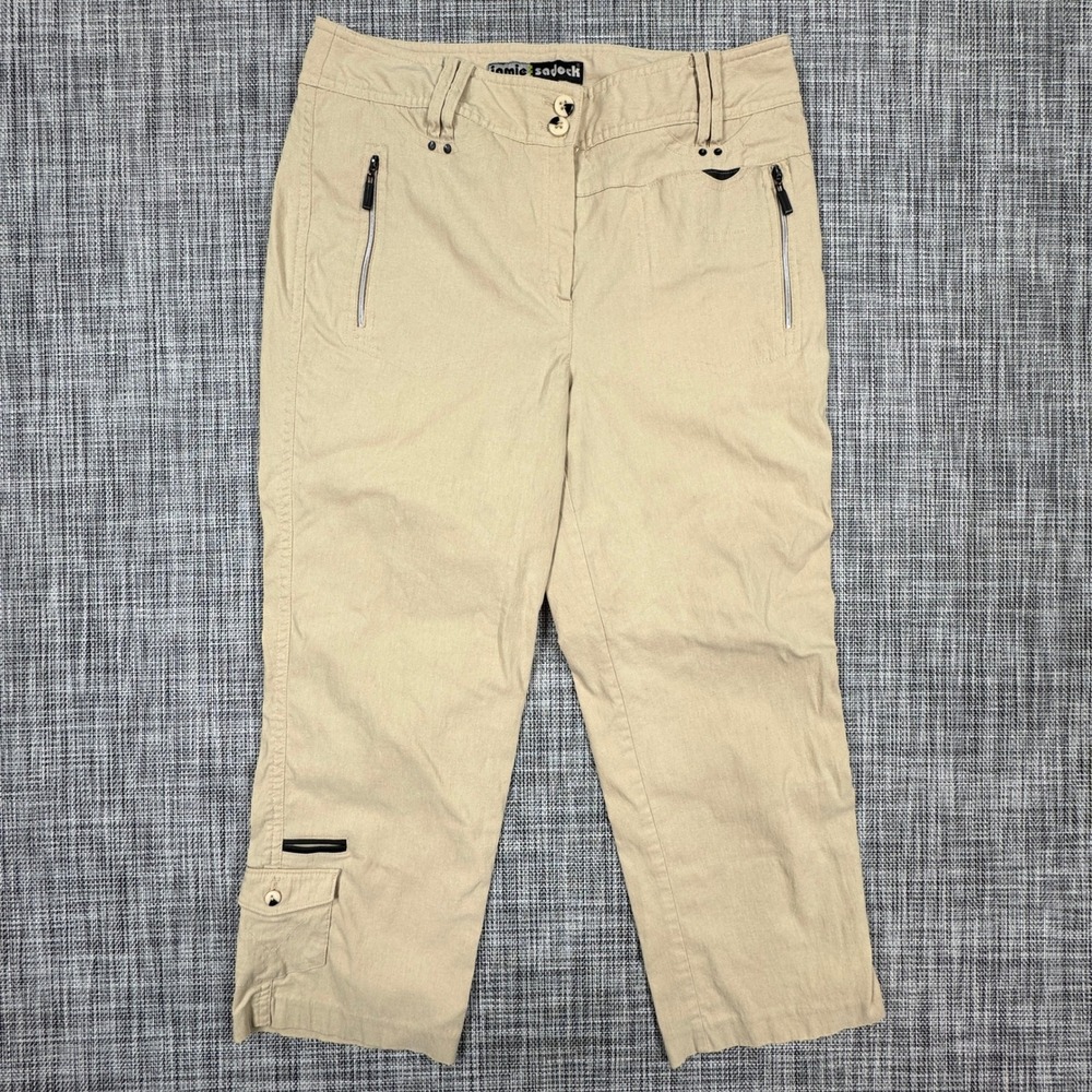 Jamie Sadock Capri Pants Womens 8 Beige Stretch Golf Cargo Cropped Zip Pockets
